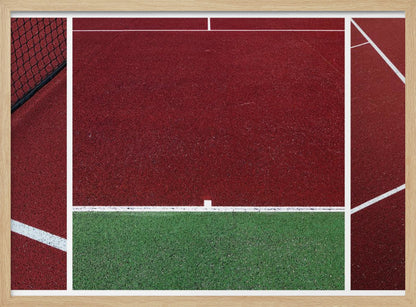 An abstract, framed triptych photograph showing an overhead view of a sports court. The image is divided into panels, featuring geometric blocks of deep red and green court surfaces, intersected by clean white boundary lines and a glimpse of a black net. Decor