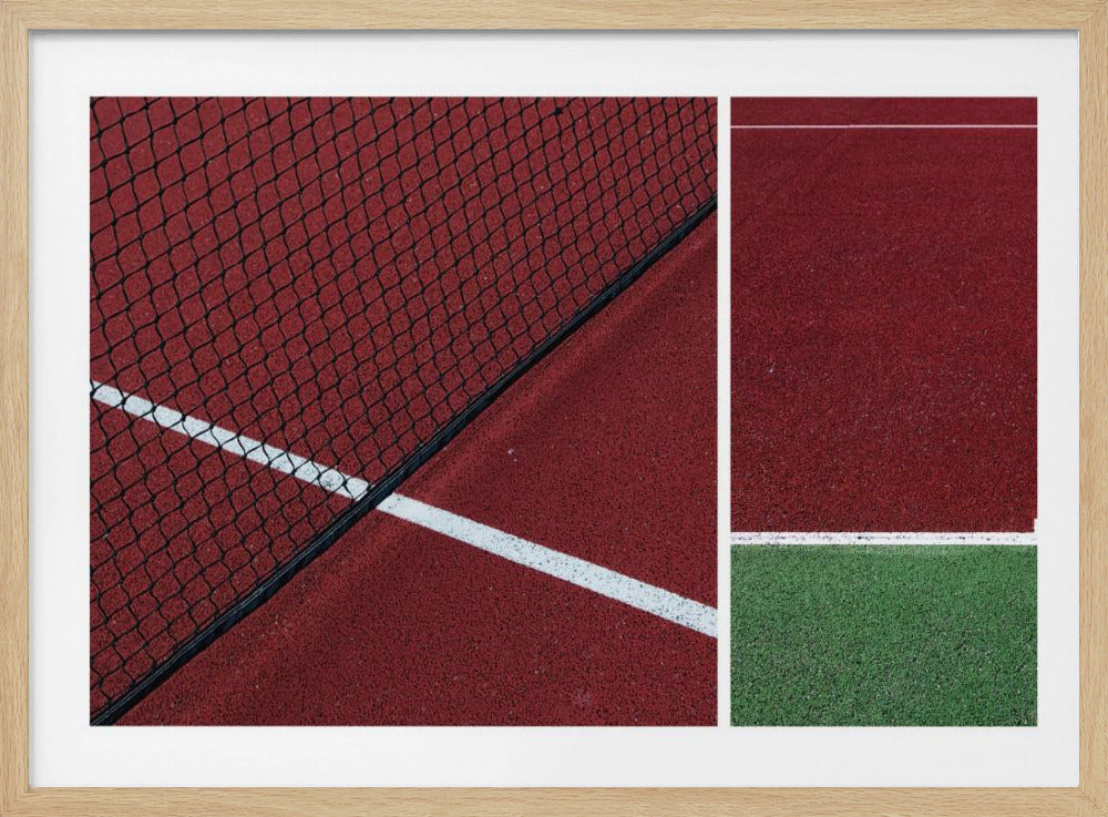 An abstract, framed triptych photograph showing an overhead view of a sports court. The image is divided into panels, featuring geometric blocks of deep red and green court surfaces, intersected by clean white boundary lines and a glimpse of a black net. Decor