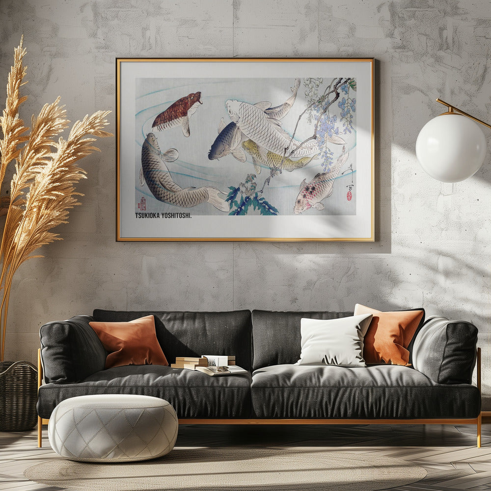 Six Carp Swimming Beneath Wisteria (1889) - Poster / Art Print - interiör