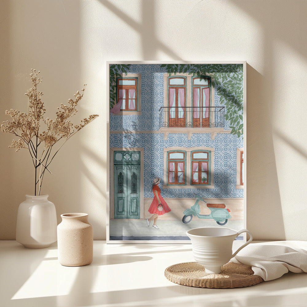 Street Scene with Elegant Woman in Red Dress - Poster / Art Print - interiör