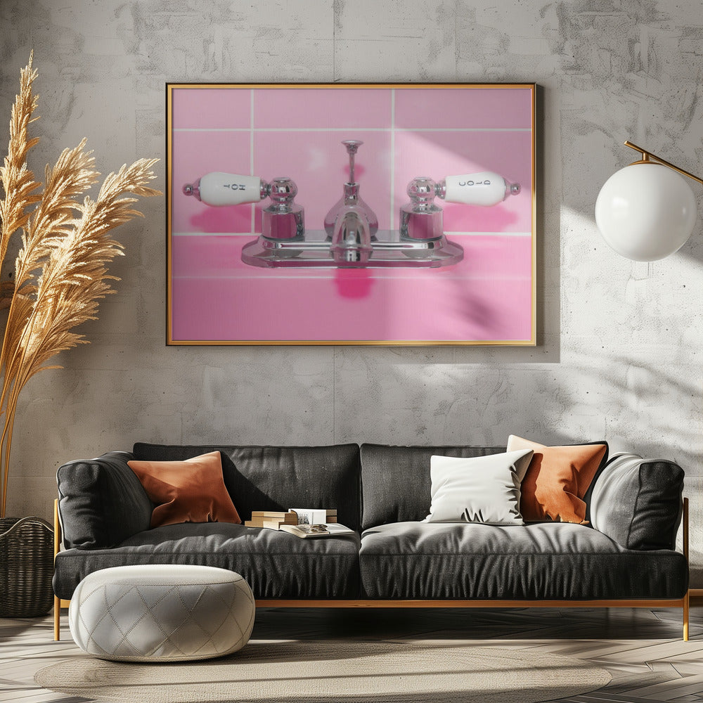 Retro Pink Sink Faucet - Poster / Art Print - interiör