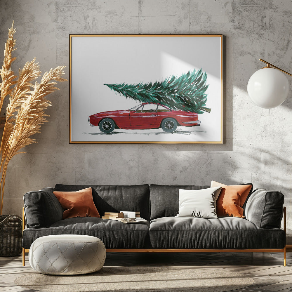Eighties car carrying a Christmas tree - Poster / Art Print - interiör