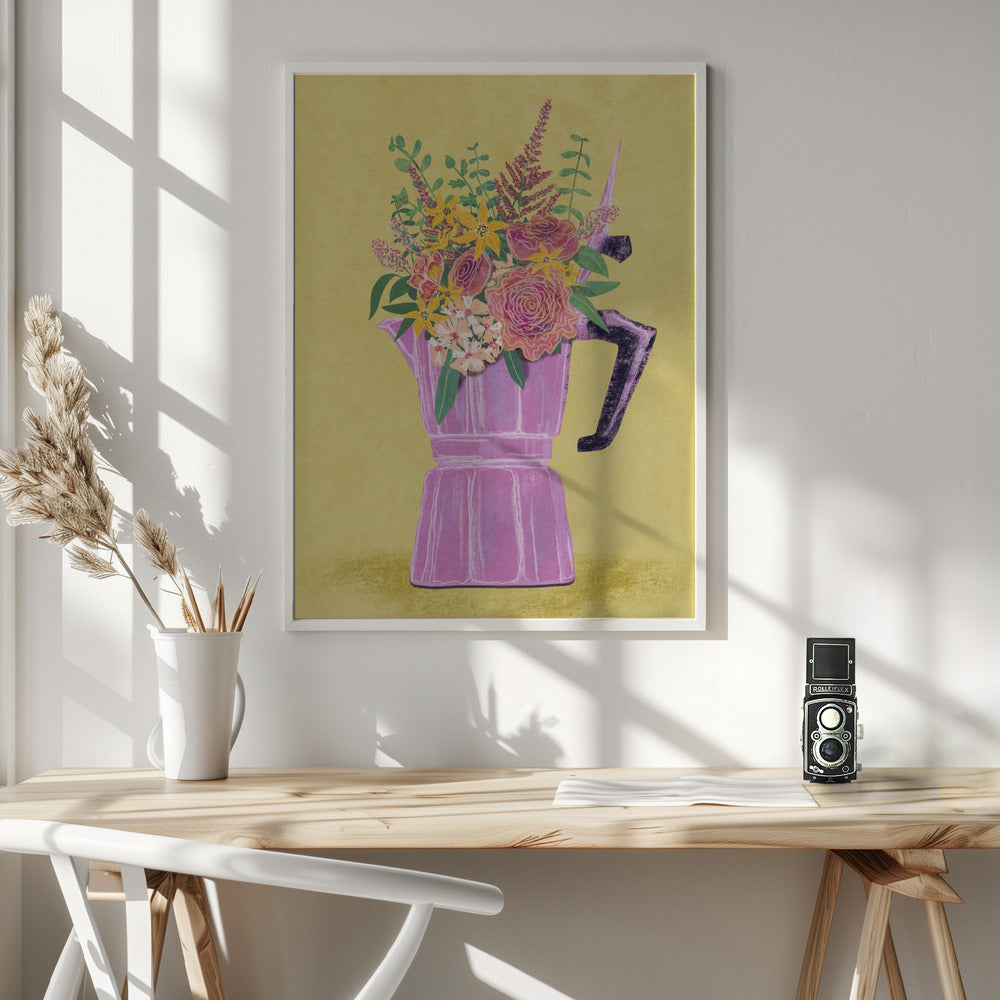 Espresso Maker with Flowers - Poster / Art Print - interiör