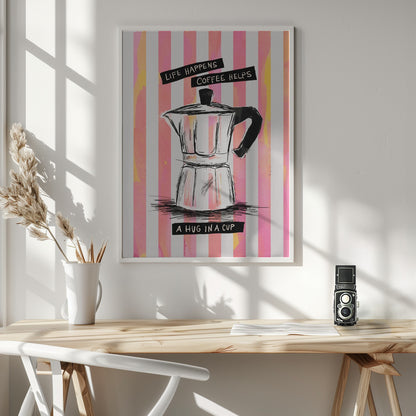 Mocca Coffee on Stripes - Hug in a Cup - Poster / Art Print - interiör
