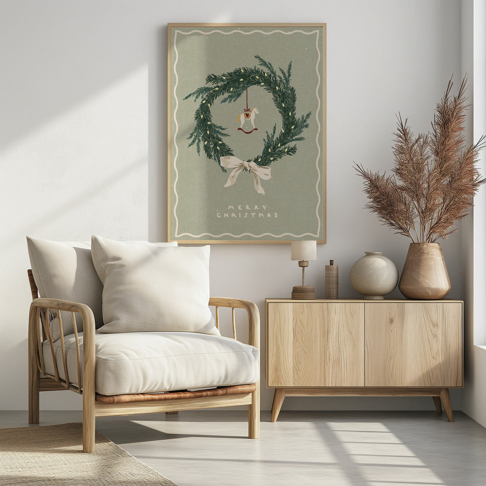 Horses toy on Christmas wreath with bow - Poster / Art Print - interiör