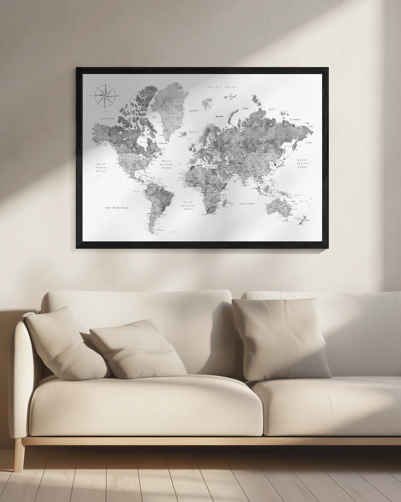 Världskarta i gråskala vattenfärg - Poster / Art Print - interiör