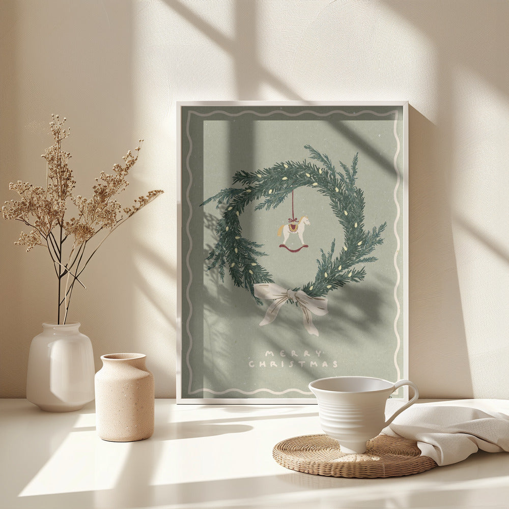 Horses toy on Christmas wreath with bow - Poster / Art Print - interiör