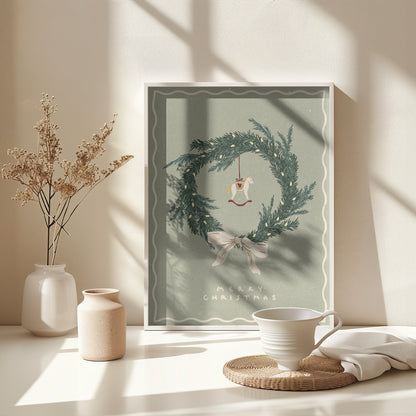 Horses toy on Christmas wreath with bow - Poster / Art Print - interiör