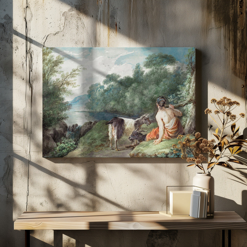 Shepherdess With Goats In a Landscape With a Lake - Poster / Art Print - interiör