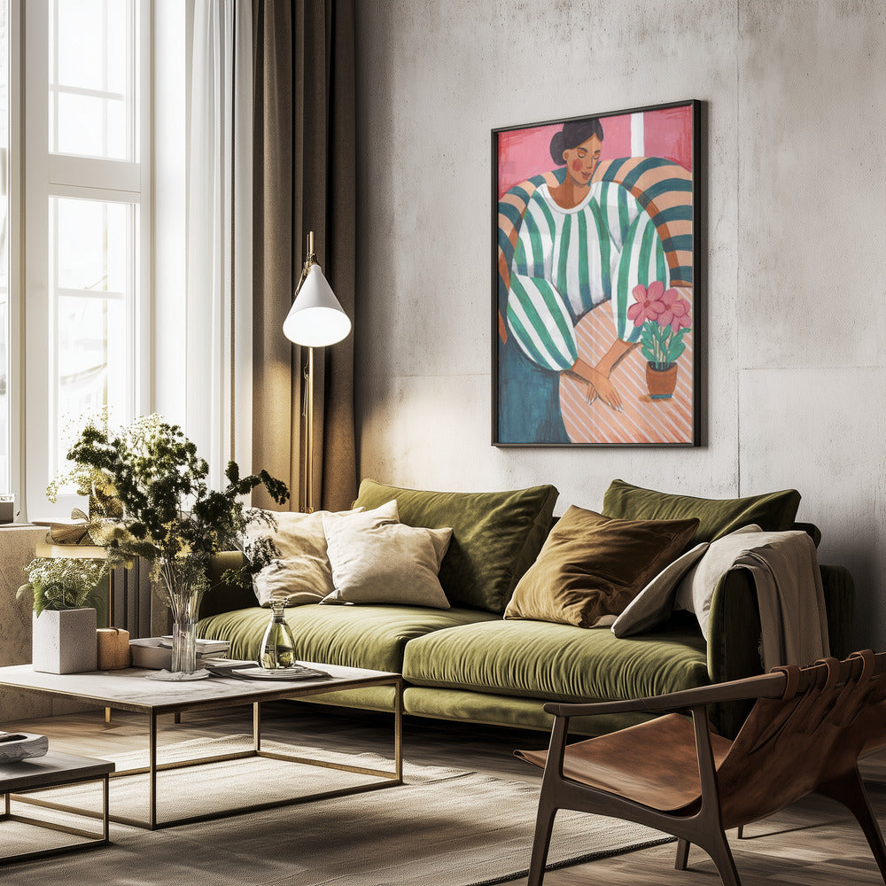 Woman in stripes in thought - Poster / Art Print - interiör