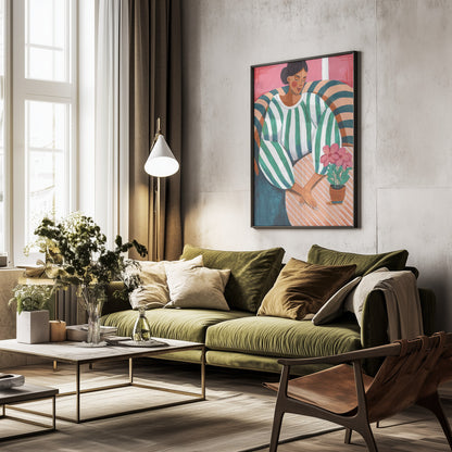 Woman in stripes in thought - Poster / Art Print - interiör