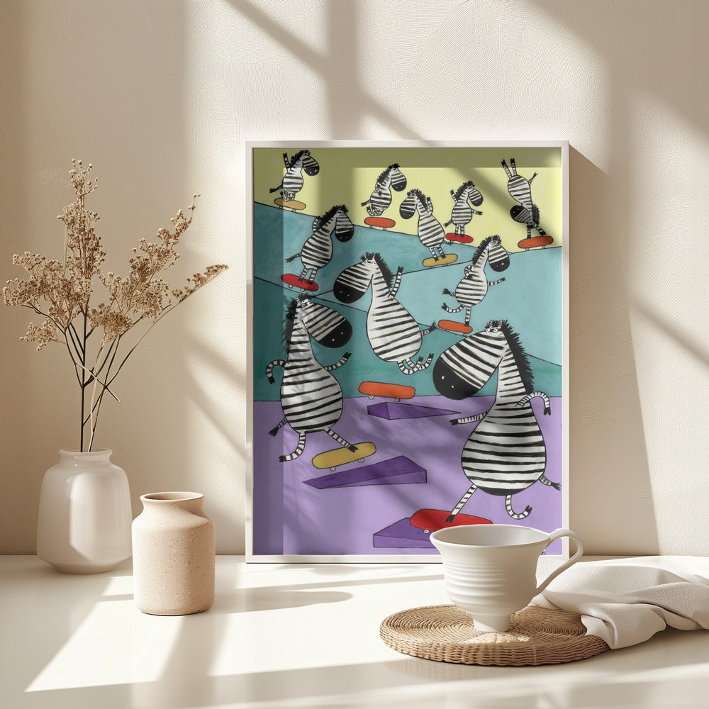 Hilarious Zebras in the Skatepark by Artist Carla Daly - Poster / Art Print - interiör