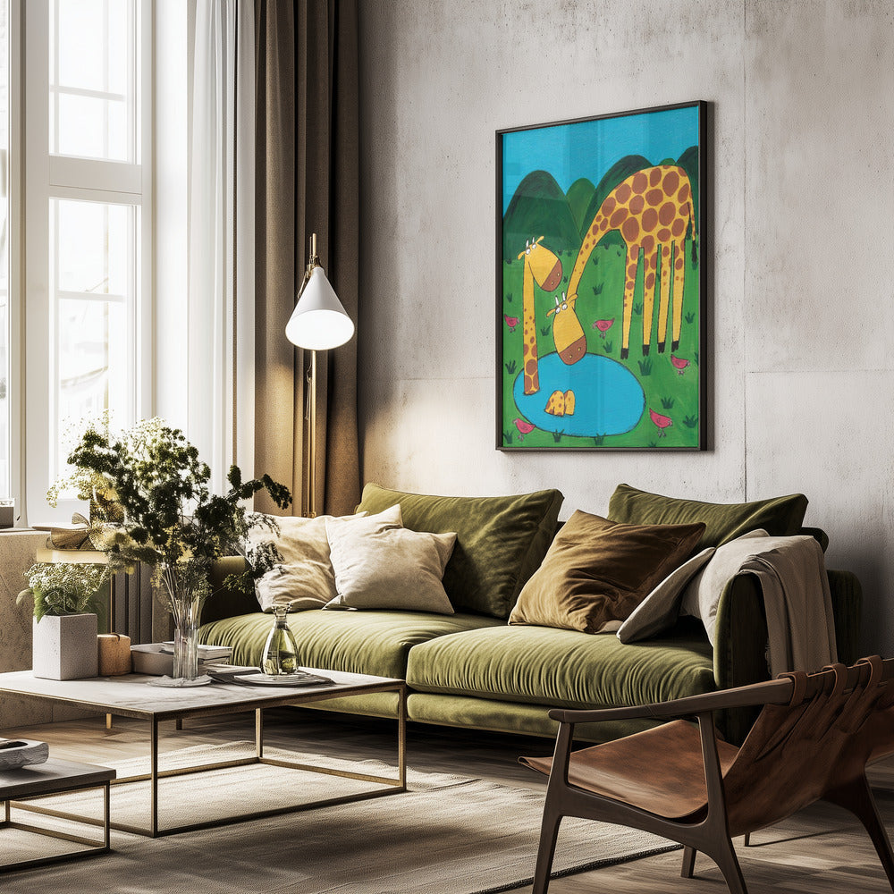 Mommy with Baby Giraffe in a Watering Hole by Artist Carla Daly - Poster / Art Print - interiör