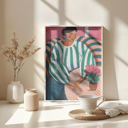 Woman in stripes in thought - Poster / Art Print - interiör