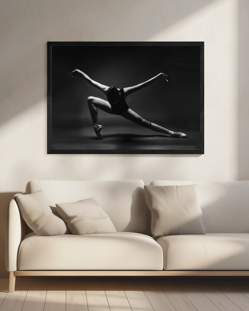 soaring. A ballerina in a pointe shoes in a lunge with her arms outstretched like wings - Poster / Art Print - interiör