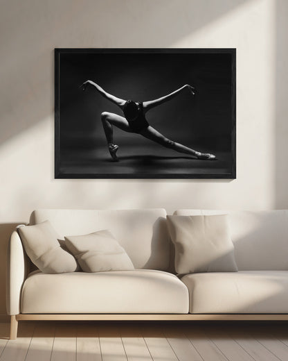 soaring. A ballerina in a pointe shoes in a lunge with her arms outstretched like wings - Poster / Art Print - interiör