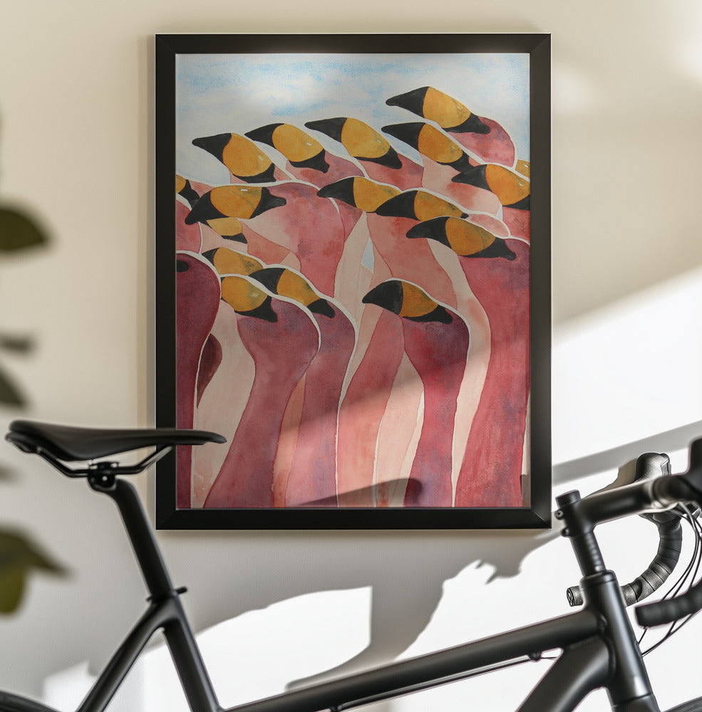 Group of Pink Flamingos With Heads Up - Poster / Art Print - interiör