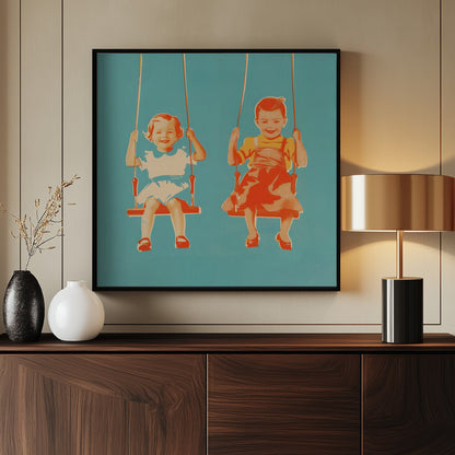 Two Little Girls On Swings - Poster / Art Print - interiör