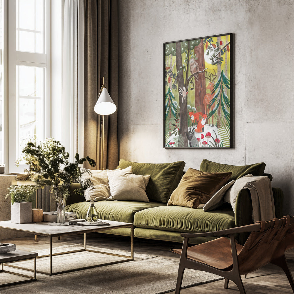 Green Christmas forest with animals - Poster / Art Print - interiör