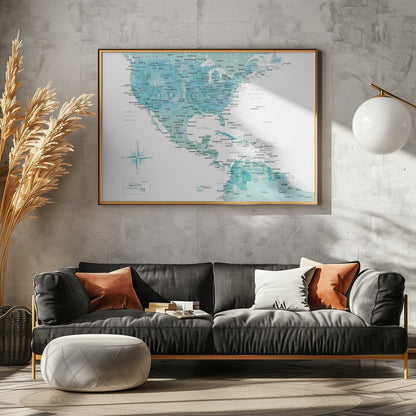 Aquamarine map of USA and Mexico - Poster / Art Print - interiör