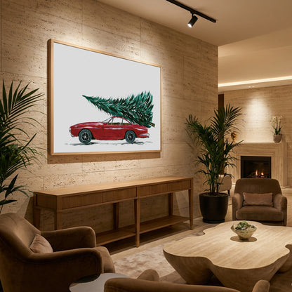 Eighties car carrying a Christmas tree - Poster / Art Print - interiör