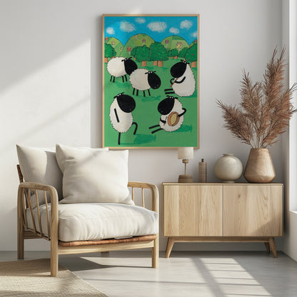 Funny Sheep Dancing in a Green Field by Artist Carla Daly - Poster / Art Print - interiör