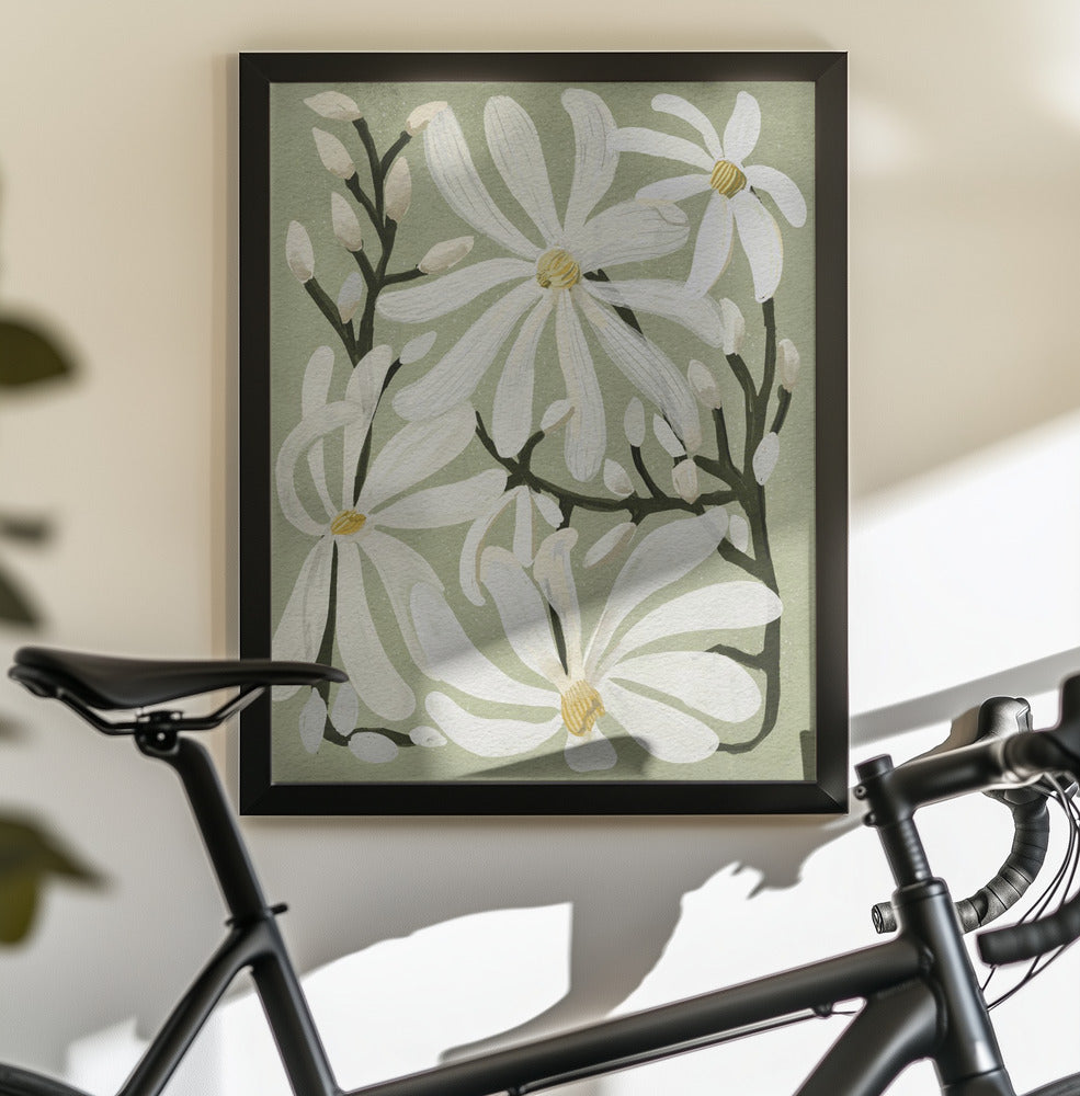 Star Magnolia Florals on Sage background - Poster / Art Print - interiör