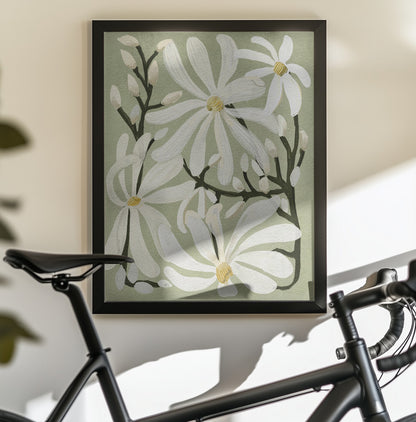 Star Magnolia Florals on Sage background - Poster / Art Print - interiör