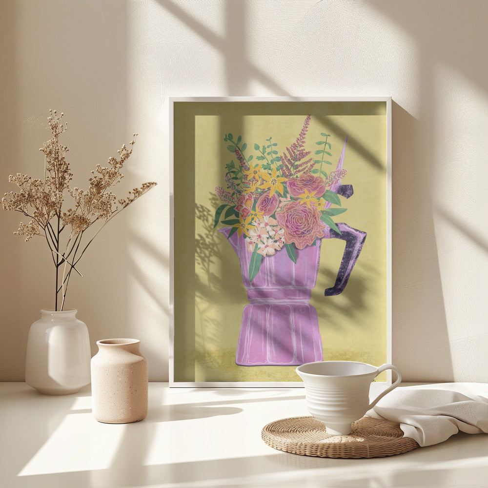 Espresso Maker with Flowers - Poster / Art Print - interiör