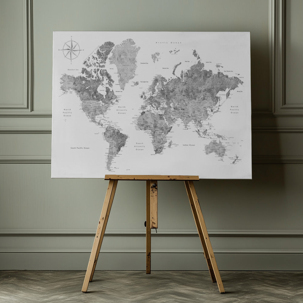 Världskarta i gråskala vattenfärg - Poster / Art Print - interiör
