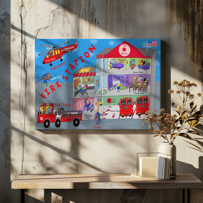 Firemen and the Fire Station by Artist Carla Daly - Poster / Art Print - interiör