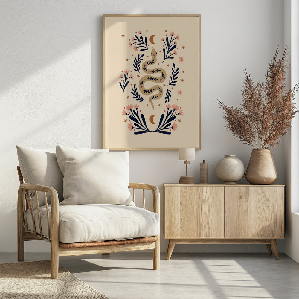 Snake And Flowers Beige And Indigo - Poster / Art Print - interiör