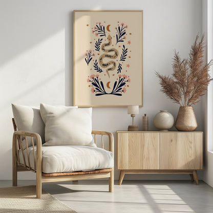 Snake And Flowers Beige And Indigo - Poster / Art Print - interiör