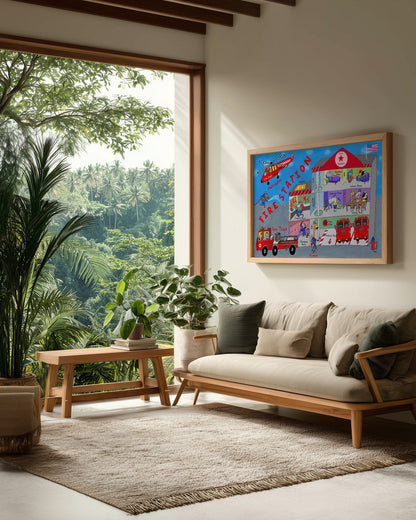Firemen and the Fire Station by Artist Carla Daly - Poster / Art Print - interiör