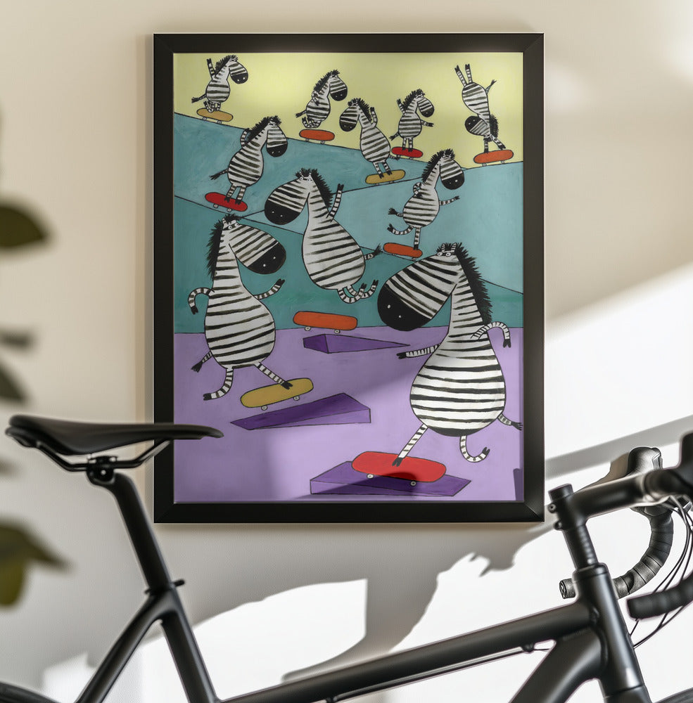 Hilarious Zebras in the Skatepark by Artist Carla Daly - Poster / Art Print - interiör