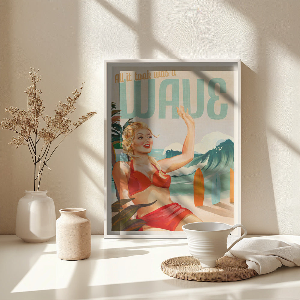 Surfing Pinup Girl On Beach In Bikini - Poster / Art Print - interiör