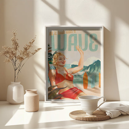 Surfing Pinup Girl On Beach In Bikini - Poster / Art Print - interiör