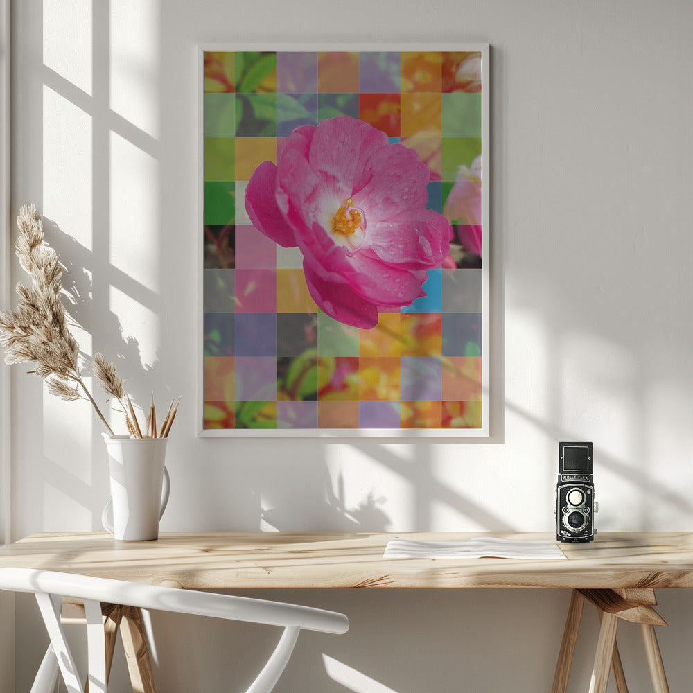 Vivid Pink Flower with Colorful Mosaic - Poster / Art Print - interiör