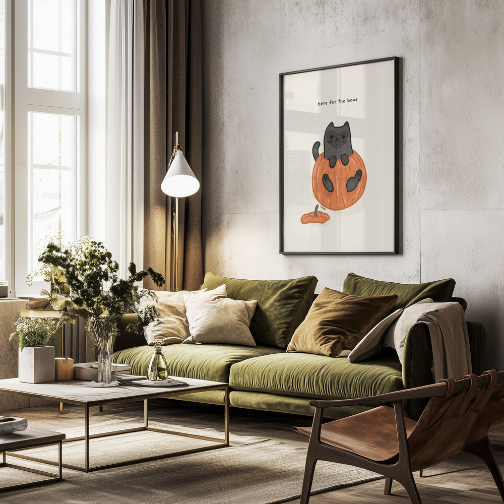 Black Cat Playfully Sitting In A Pumpkin - Poster / Art Print - interiör