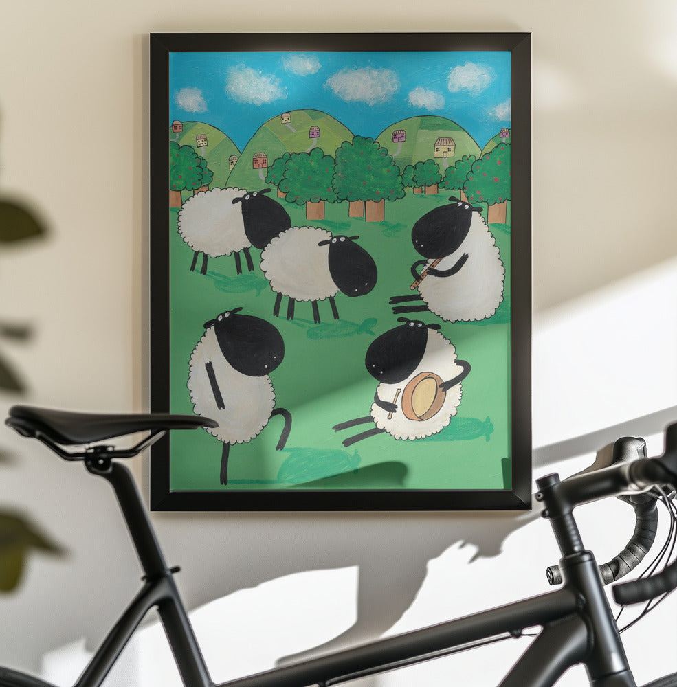 Funny Sheep Dancing in a Green Field by Artist Carla Daly - Poster / Art Print - interiör