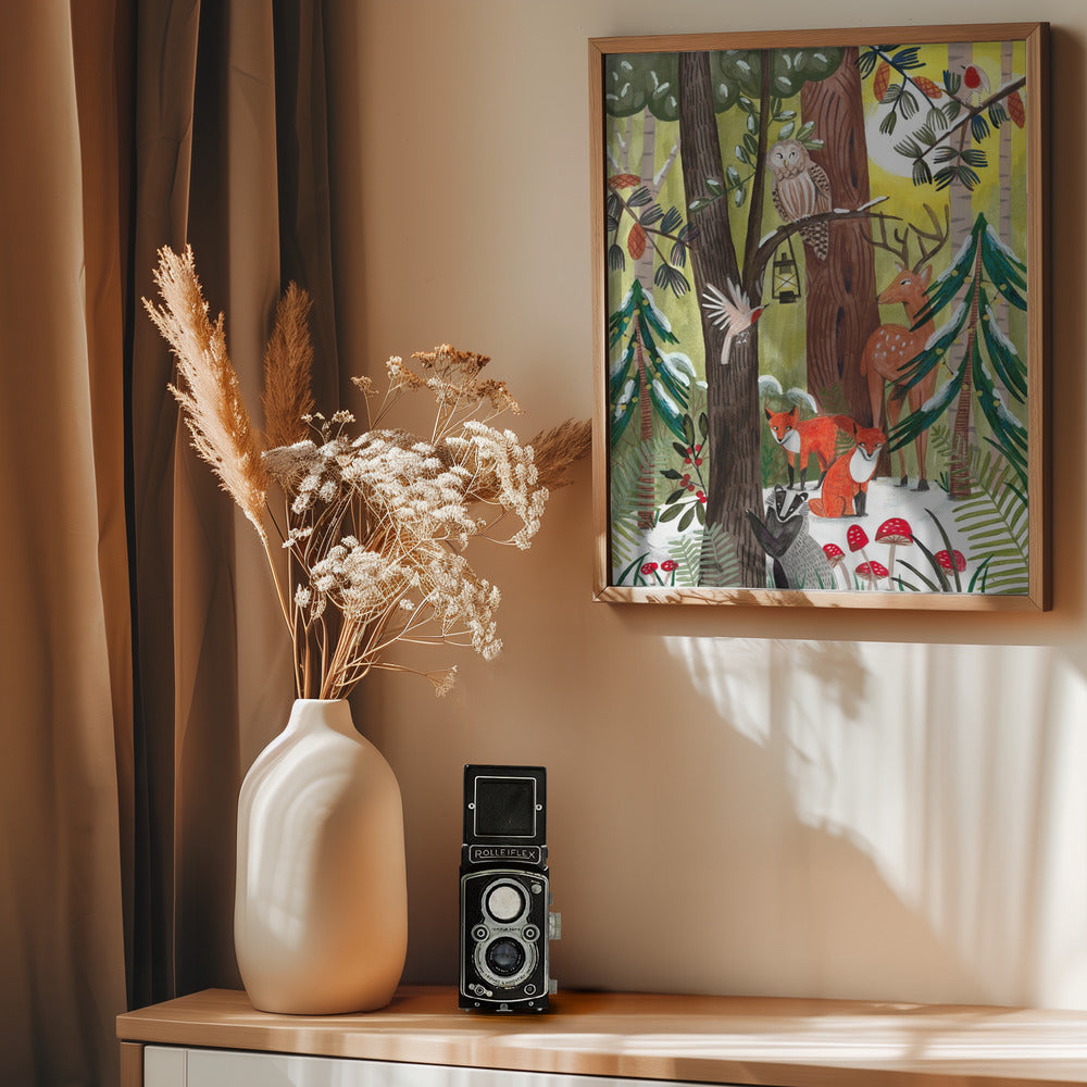 Green Christmas forest with animals - Poster / Art Print - interiör
