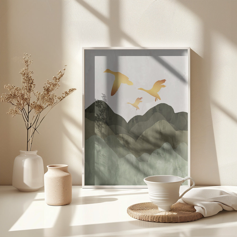 Golden Birds Flying Over Mountains - Poster / Art Print - interiör