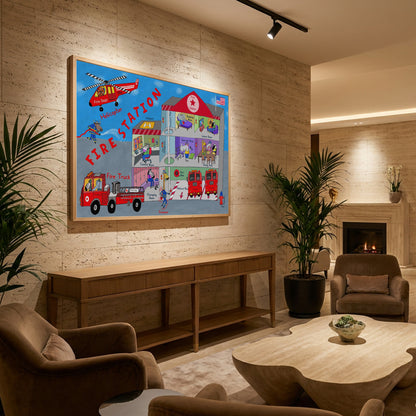 Firemen and the Fire Station by Artist Carla Daly - Poster / Art Print - interiör
