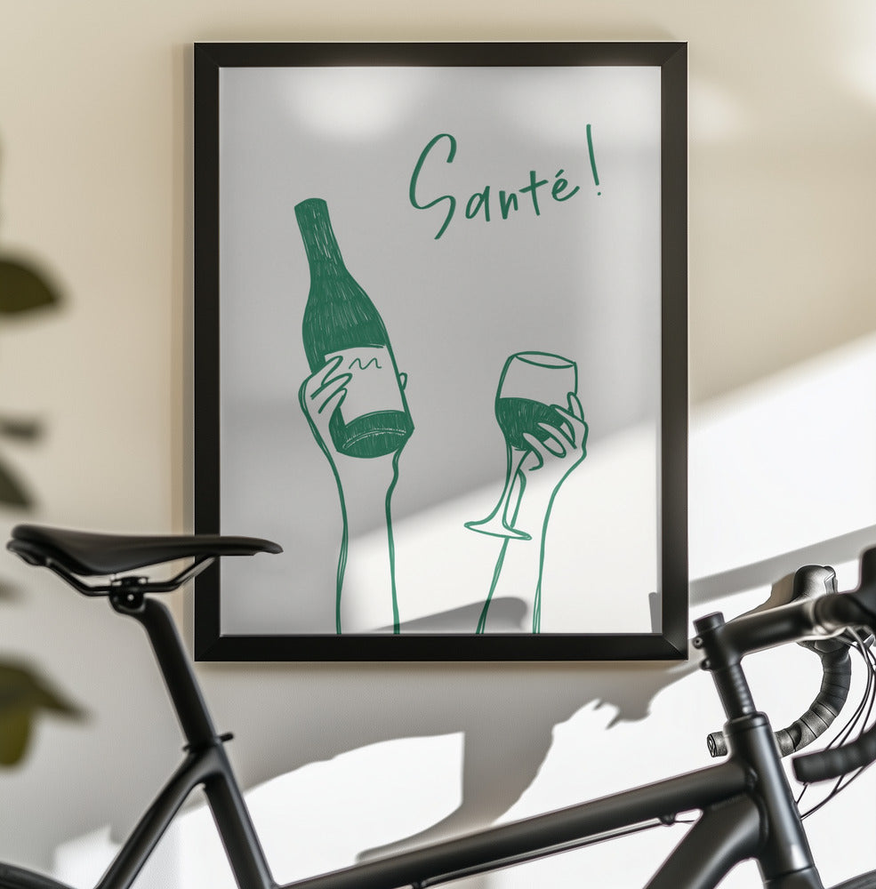 Hands holding a wine bottle and a wine glass with the text "Cheers!" in French - Poster / Art Print - interiör