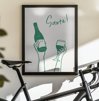 Hands holding a wine bottle and a wine glass with the text "Cheers!" in French - Poster / Art Print - interiör