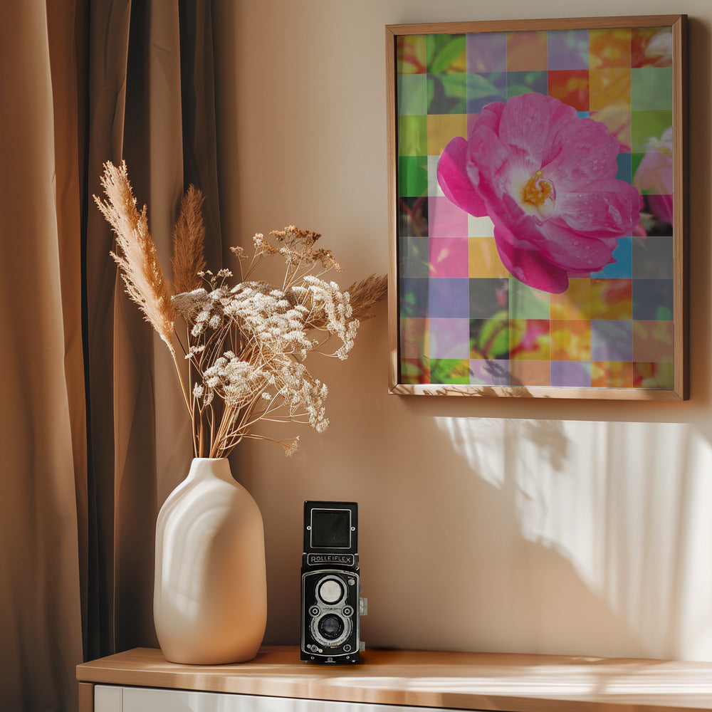 Vivid Pink Flower with Colorful Mosaic - Poster / Art Print - interiör