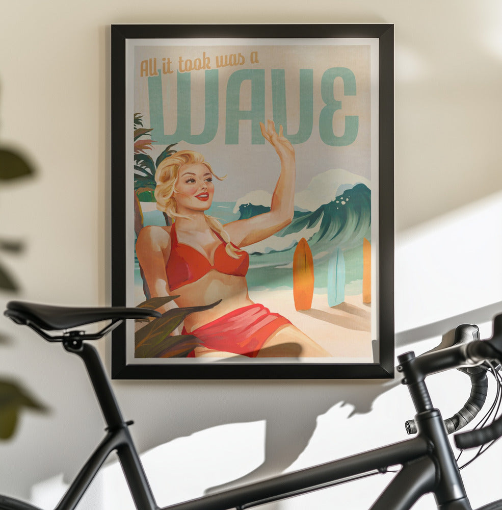 Surfing Pinup Girl On Beach In Bikini - Poster / Art Print - interiör