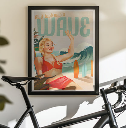 Surfing Pinup Girl On Beach In Bikini - Poster / Art Print - interiör