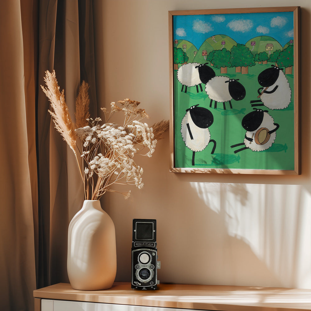 Funny Sheep Dancing in a Green Field by Artist Carla Daly - Poster / Art Print - interiör