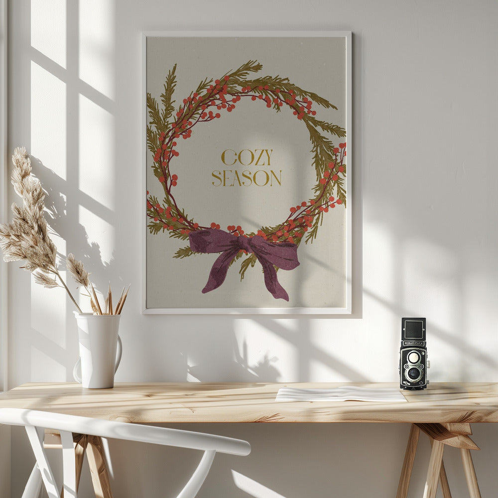 Cozy Season. Christmas wreath with bow - Poster / Art Print - interiör